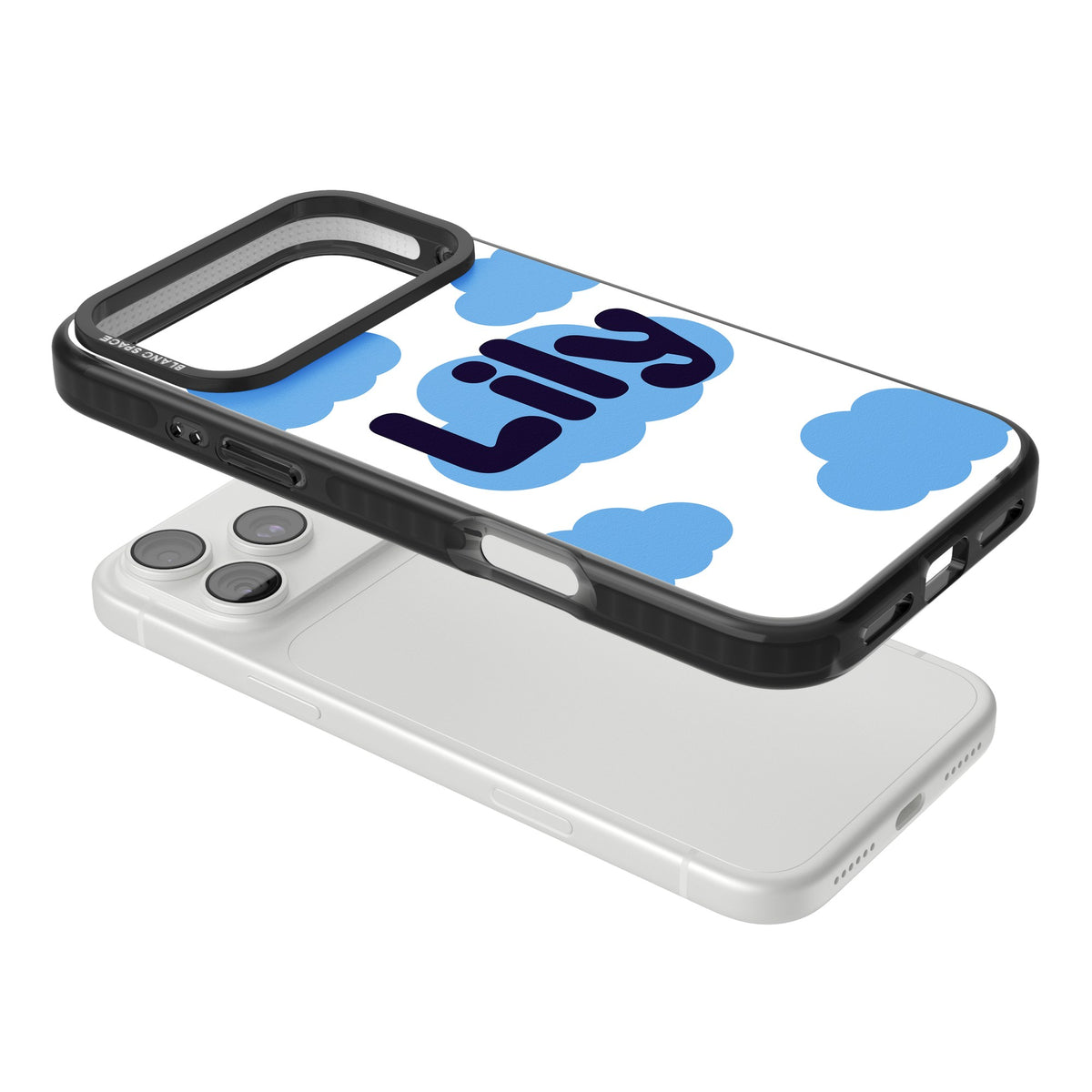 Personalised Bubble Name kawaii iPhone case featuring custom bubble lettering on a blue cloud with fluffy sky clouds iPhone 18 Pro Max Impact Pro Black Phone Case angled