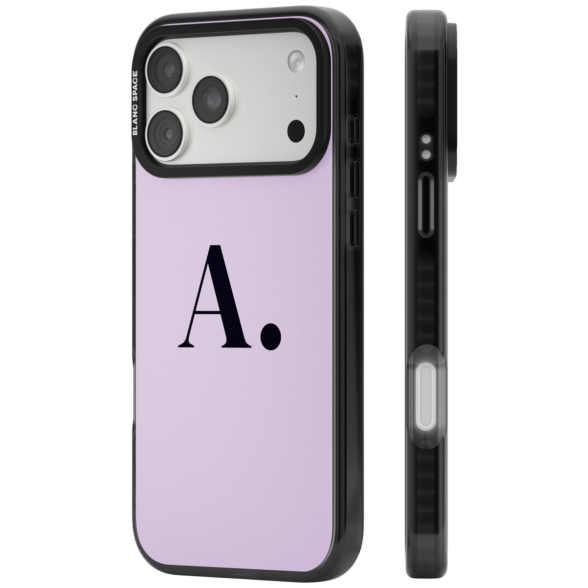 Personalised Big Initial minimal iPhone case featuring a large serif monogram letter on a soft lilac background iPhone 18 Pro Max Impact Pro Black Phone Case side