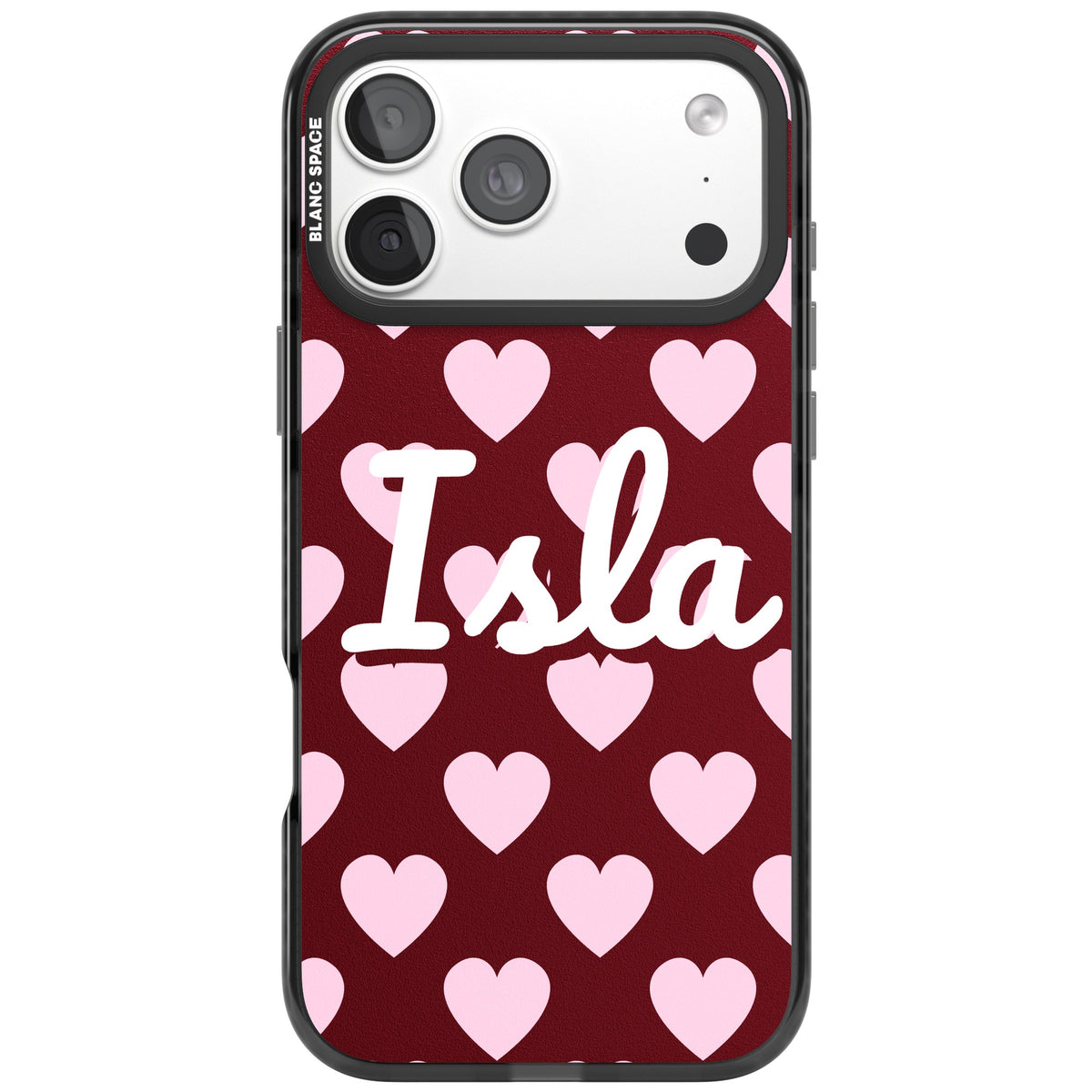 Personalised Heart Script Name iPhone case featuring pink hearts on burgundy and a custom name in white script iPhone 18 Pro Max Impact Pro Black Phone Case front