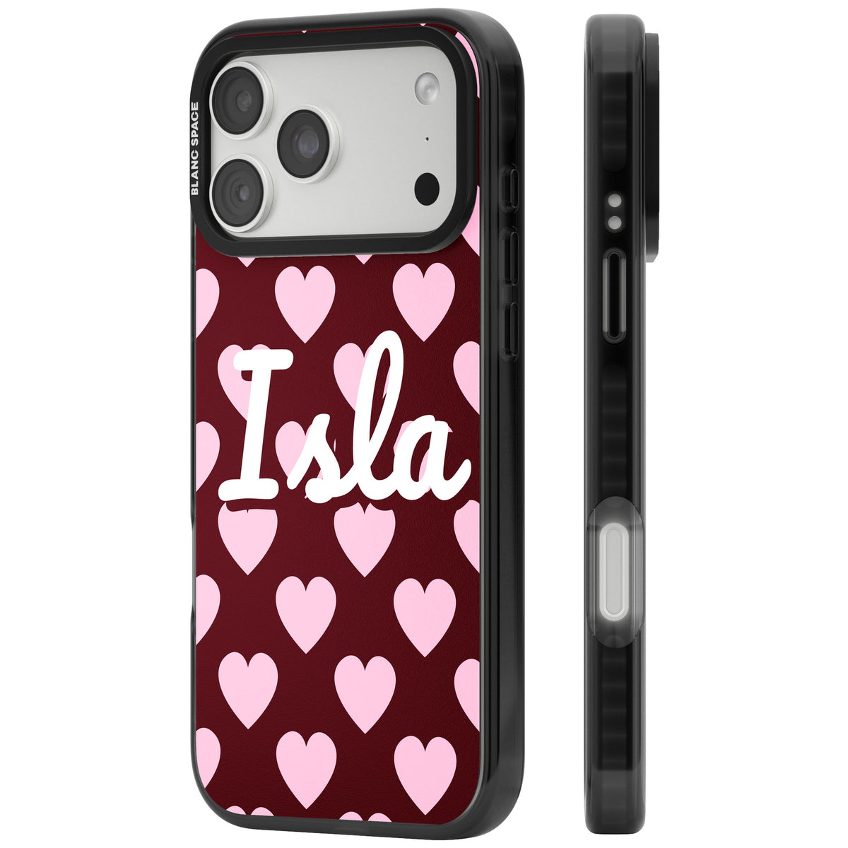 Personalised Heart Script Name iPhone case featuring pink hearts on burgundy and a custom name in white script iPhone 18 Pro Max Impact Pro Black Phone Case side
