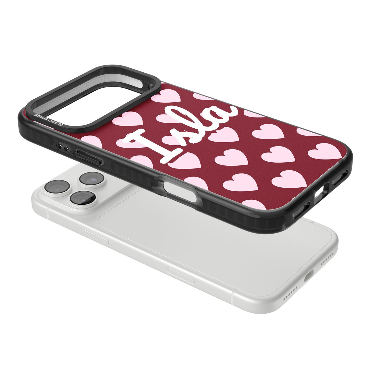 Personalised Heart Script Name iPhone case featuring pink hearts on burgundy and a custom name in white script iPhone 18 Pro Max Impact Pro Black Phone Case angled