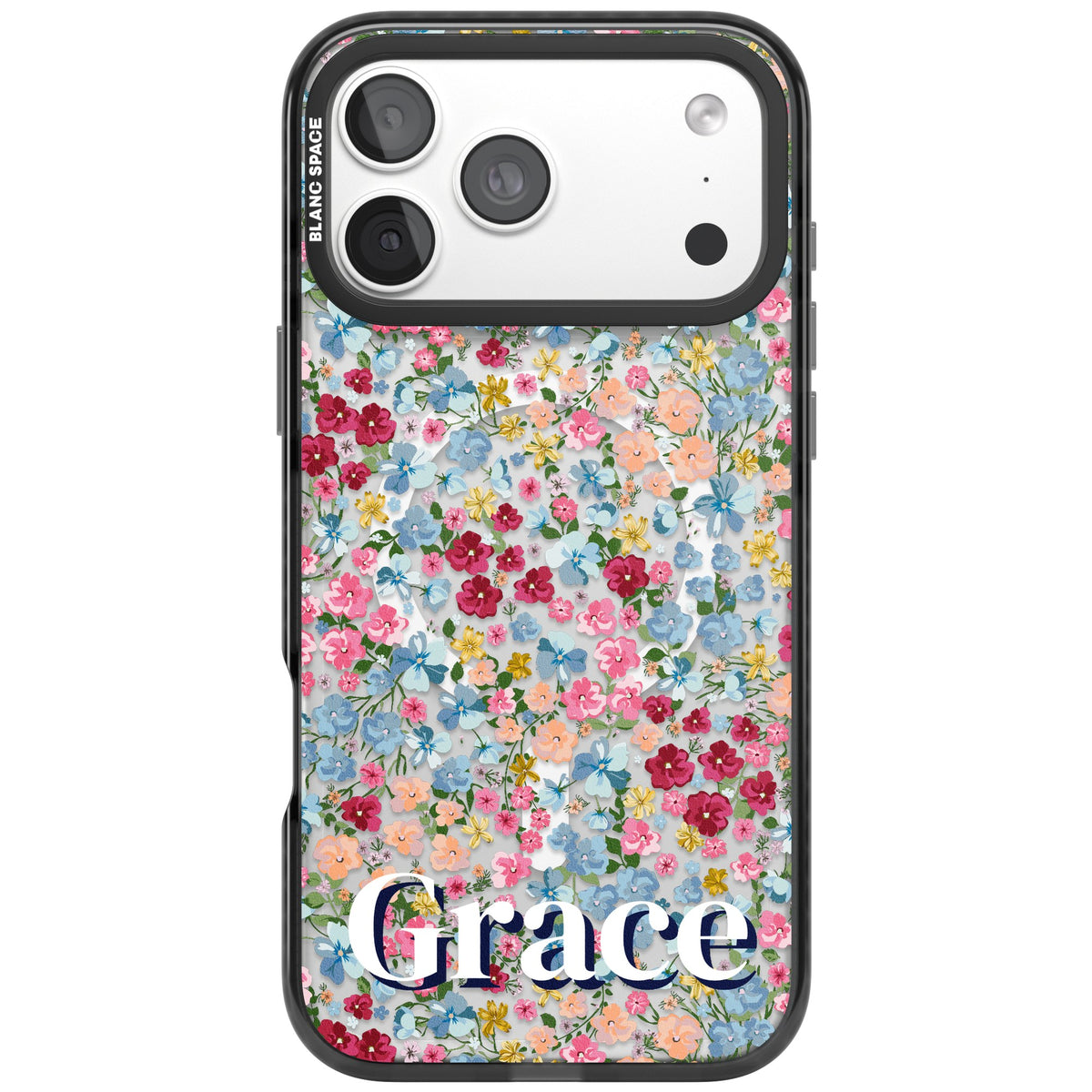 Personalised Venetian Meadow Name floral iPhone case featuring ditsy wildflowers, pink and blue blooms and custom name text iPhone 18 Pro Max Impact Pro Black Phone Case front