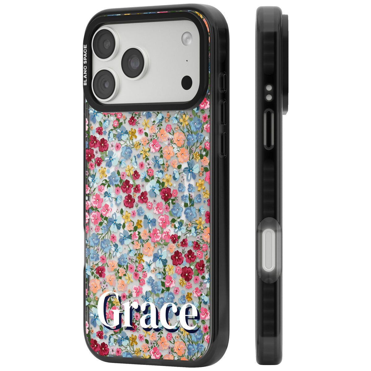 Personalised Venetian Meadow Name floral iPhone case featuring ditsy wildflowers, pink and blue blooms and custom name text iPhone 18 Pro Max Impact Pro Black Phone Case side