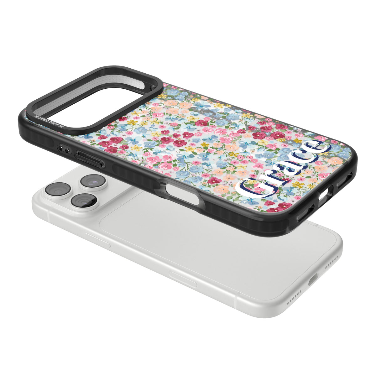 Personalised Venetian Meadow Name floral iPhone case featuring ditsy wildflowers, pink and blue blooms and custom name text iPhone 18 Pro Max Impact Pro Black Phone Case angled