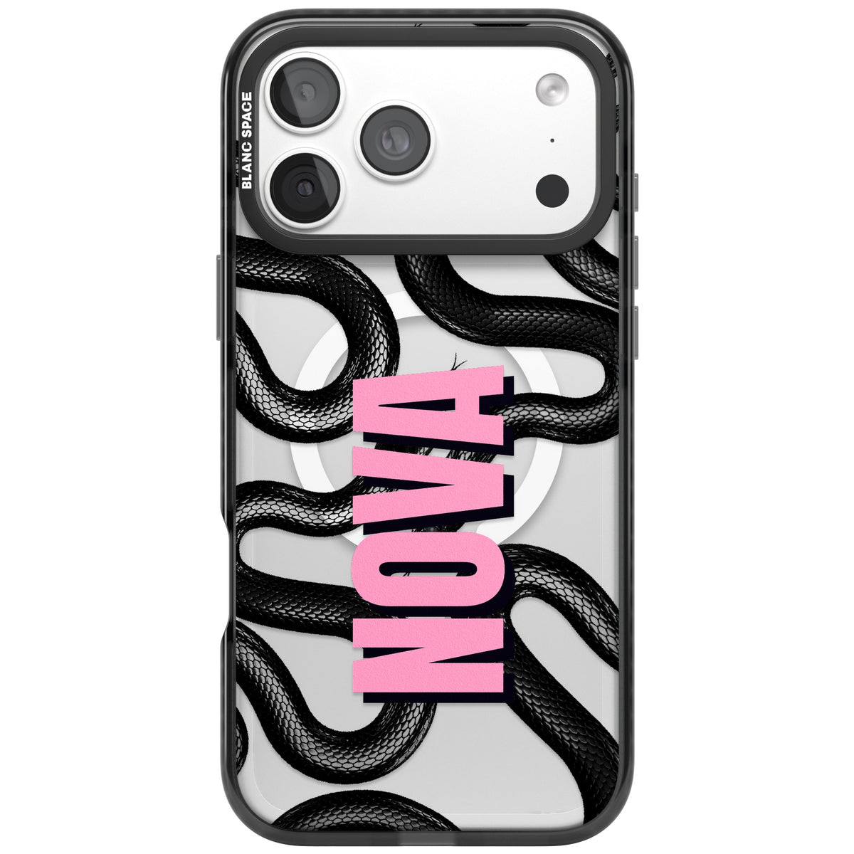 Personalised Black Kingsnake Name baddie iPhone case featuring coiling black snakes, clear background and custom name text iPhone 18 Pro Max Impact Pro Black Phone Case front