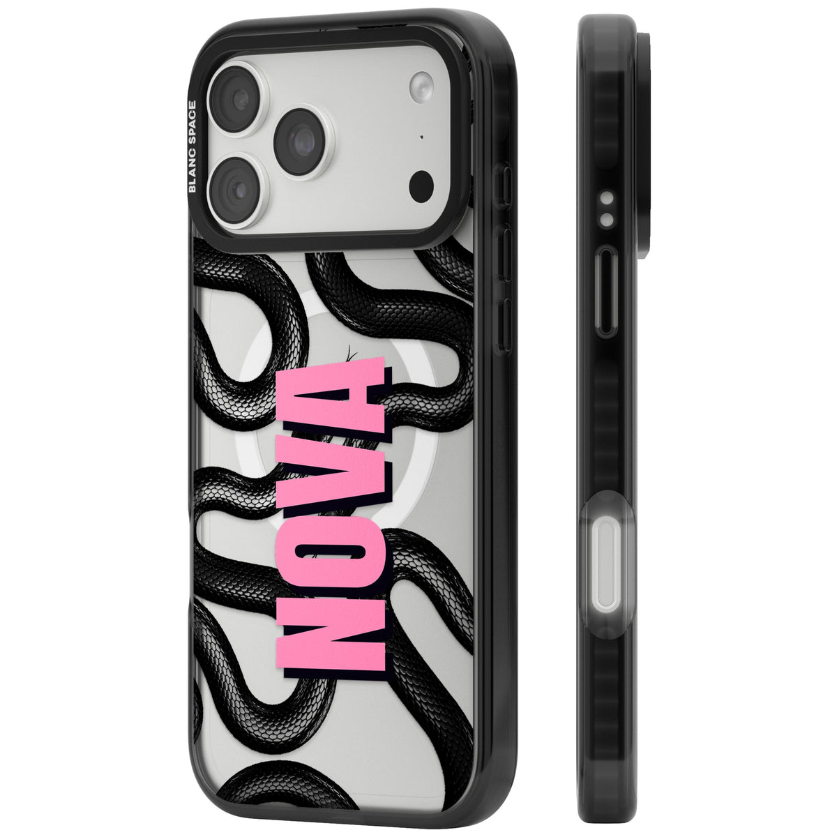 Personalised Black Kingsnake Name baddie iPhone case featuring coiling black snakes, clear background and custom name text iPhone 18 Pro Max Impact Pro Black Phone Case side