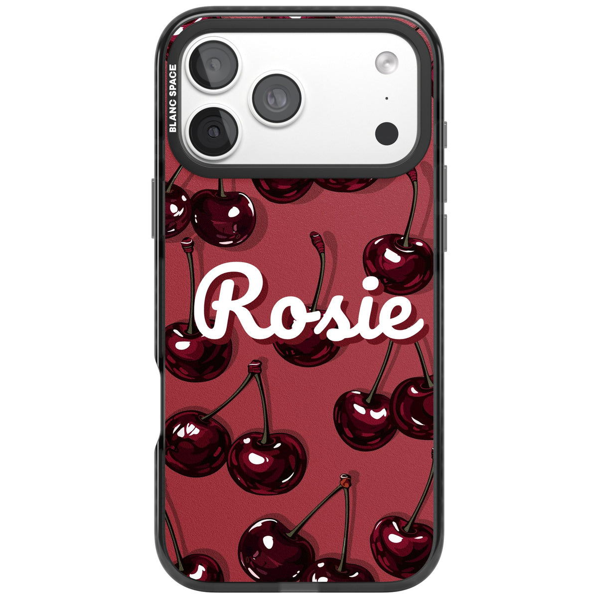 Personalised Cherry Rebel Name coquette iPhone case featuring glossy dark cherries, cherry red backdrop and a custom name iPhone 18 Pro Max Impact Pro Black Phone Case front