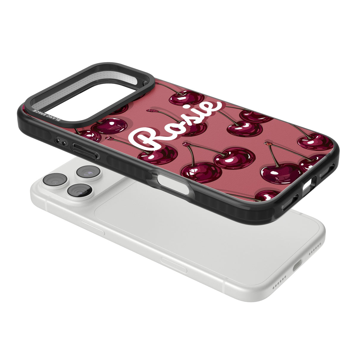 Personalised Cherry Rebel Name coquette iPhone case featuring glossy dark cherries, cherry red backdrop and a custom name iPhone 18 Pro Max Impact Pro Black Phone Case angled