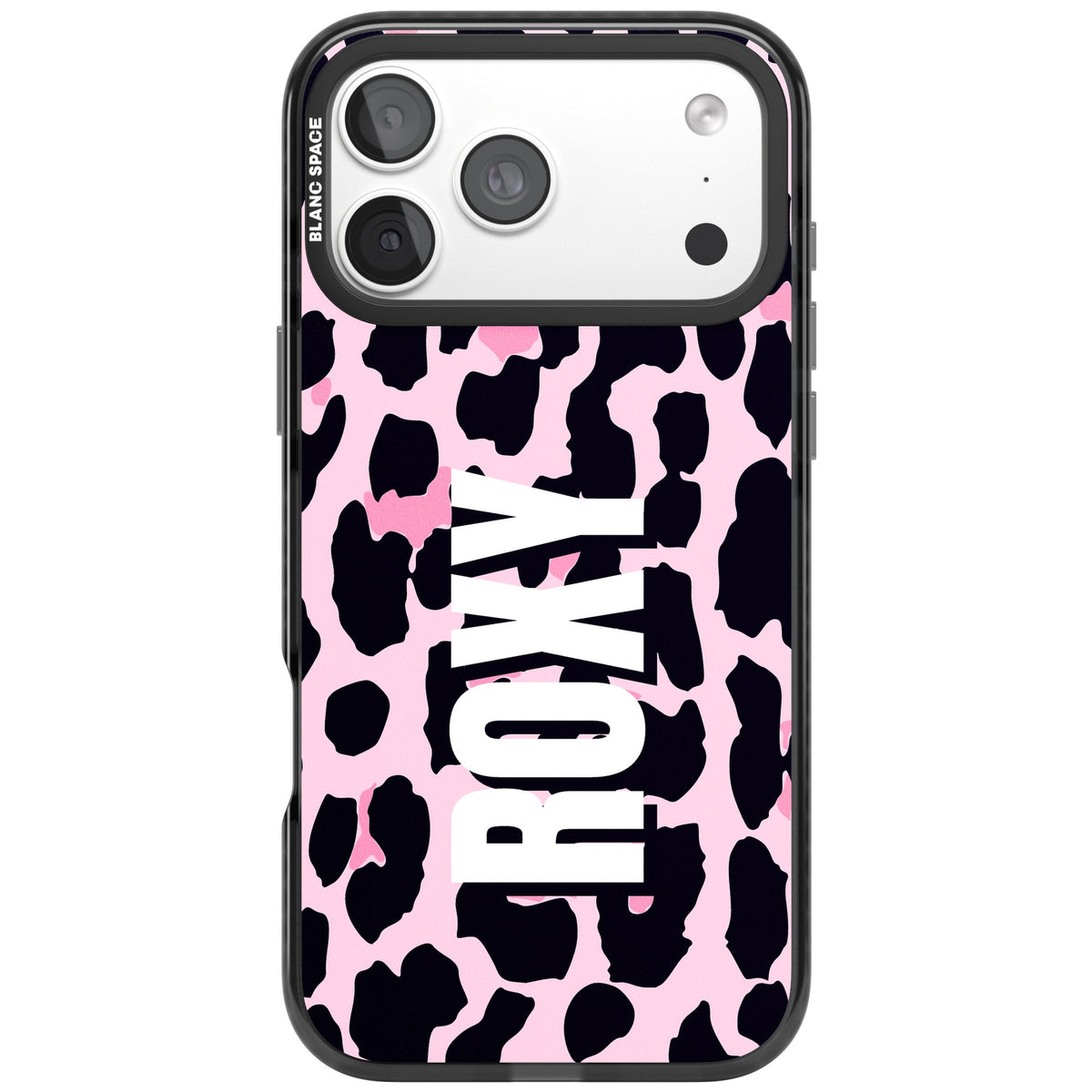 Personalised Pink Leopard Name custom iPhone case featuring pink leopard print and bold personalised name text iPhone 18 Pro Max Impact Pro Black Phone Case front