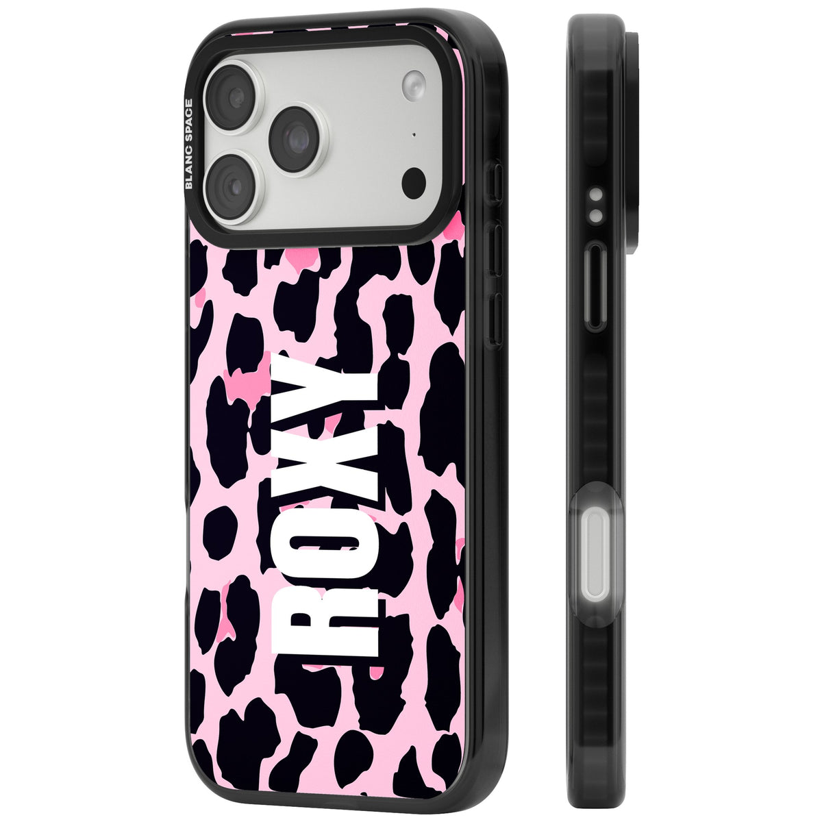 Personalised Pink Leopard Name custom iPhone case featuring pink leopard print and bold personalised name text iPhone 18 Pro Max Impact Pro Black Phone Case side