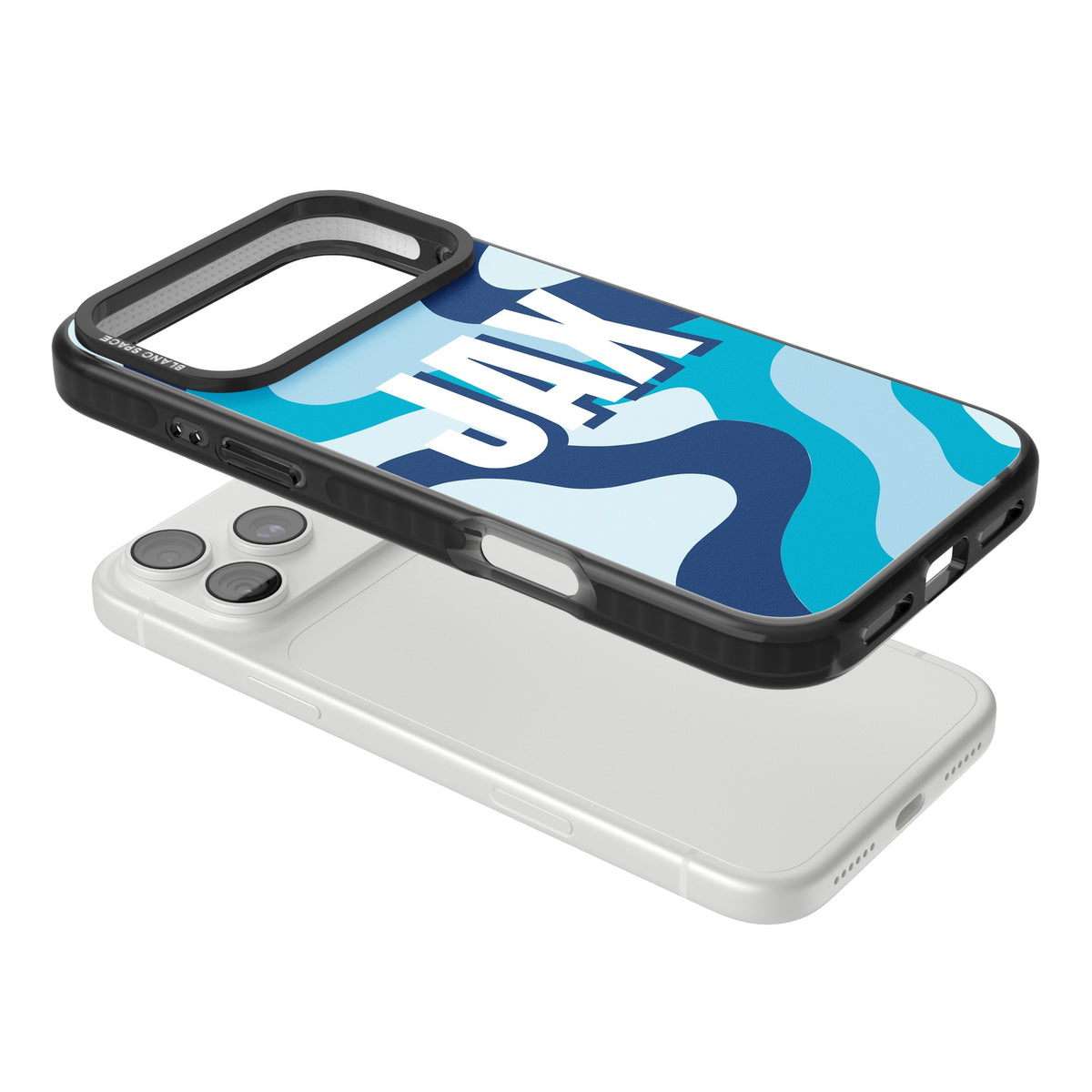 Personalised Camo Name custom iPhone case featuring wavy blue camouflage, navy and teal tones and a bold personalised name iPhone 18 Pro Max Impact Pro Black Phone Case angled