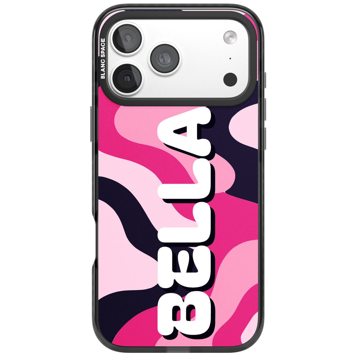 Personalised Pink Camo Name Y2K iPhone case featuring pink and black camouflage with a custom name in bold white letters iPhone 18 Pro Max Impact Pro Black Phone Case front