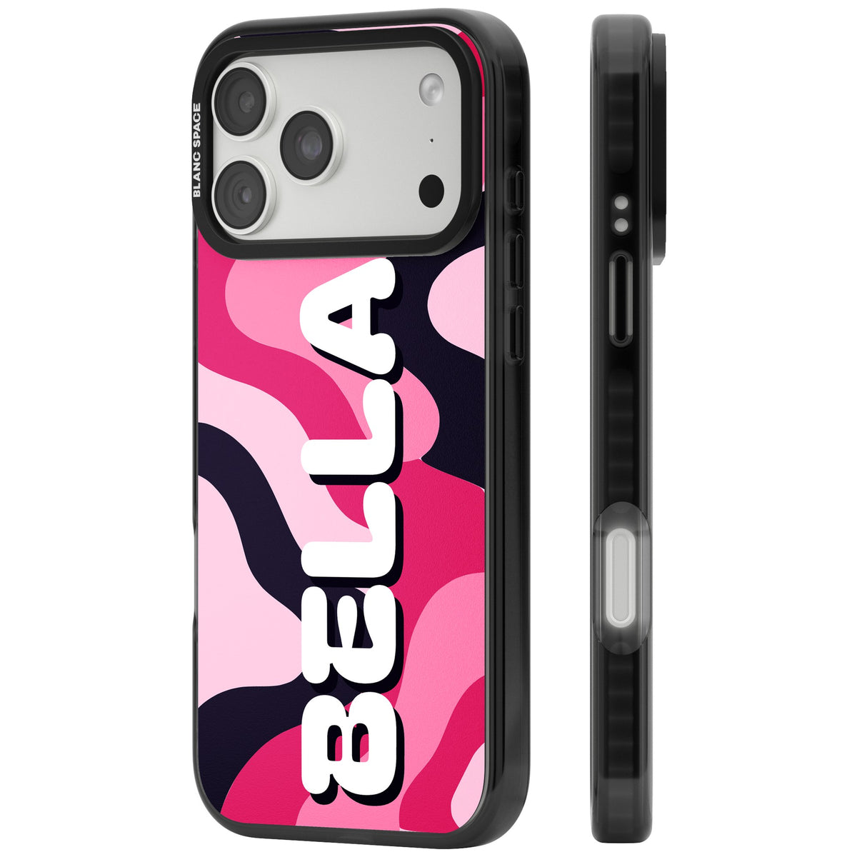 Personalised Pink Camo Name Y2K iPhone case featuring pink and black camouflage with a custom name in bold white letters iPhone 18 Pro Max Impact Pro Black Phone Case side