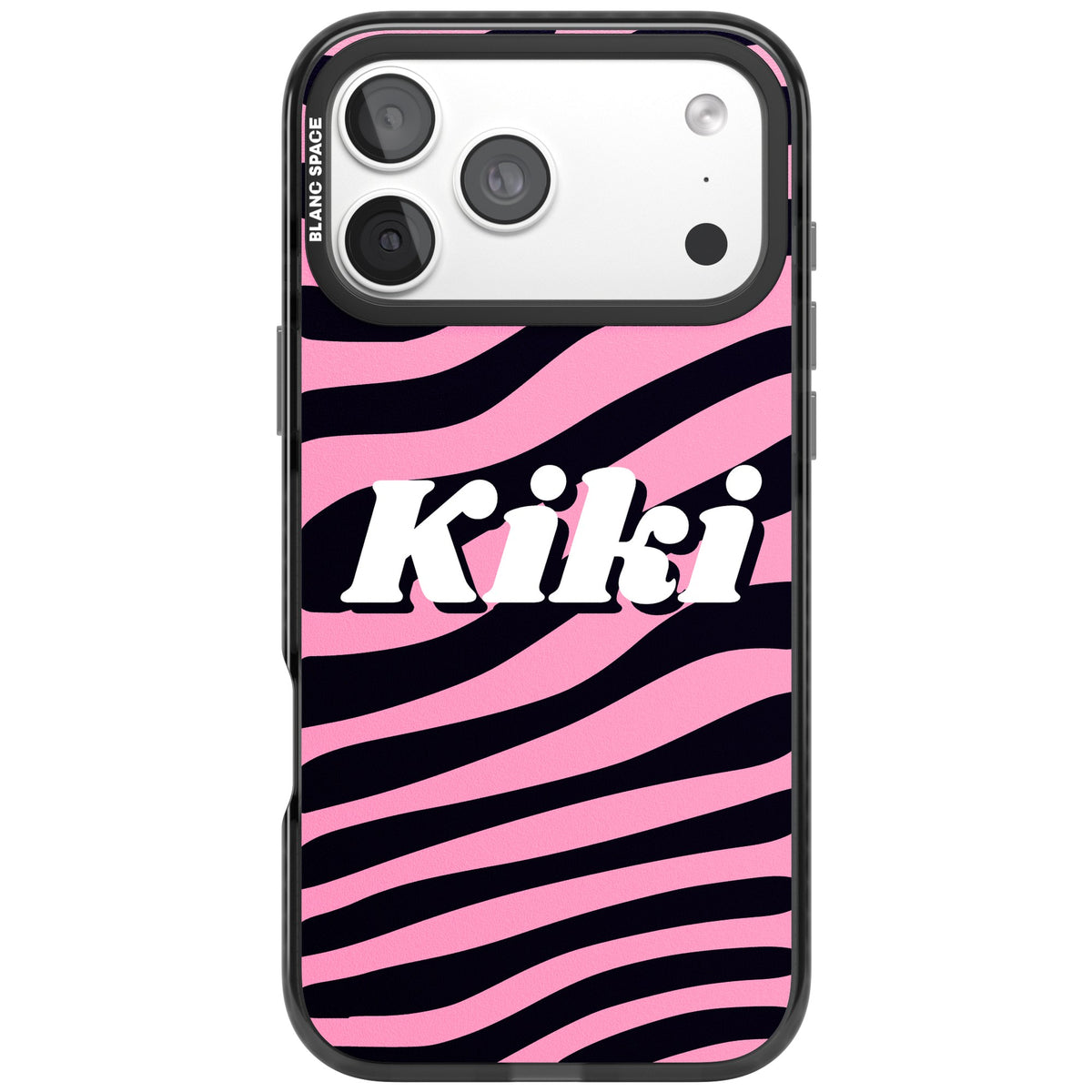 Personalised Zebra Name Y2K iPhone case featuring pink and black zebra print and a custom name in bold retro font iPhone 18 Pro Max Impact Pro Black Phone Case front