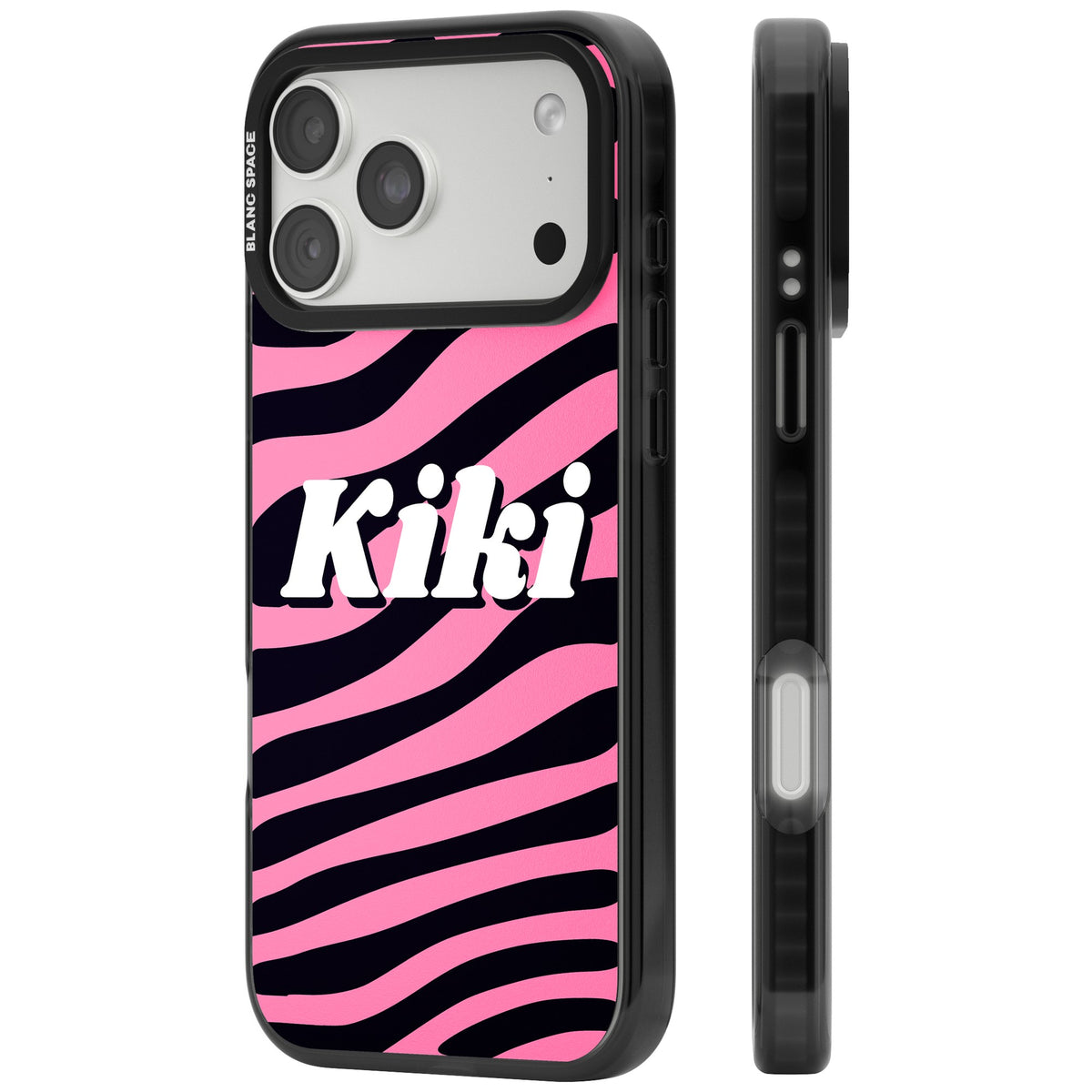 Personalised Zebra Name Y2K iPhone case featuring pink and black zebra print and a custom name in bold retro font iPhone 18 Pro Max Impact Pro Black Phone Case side