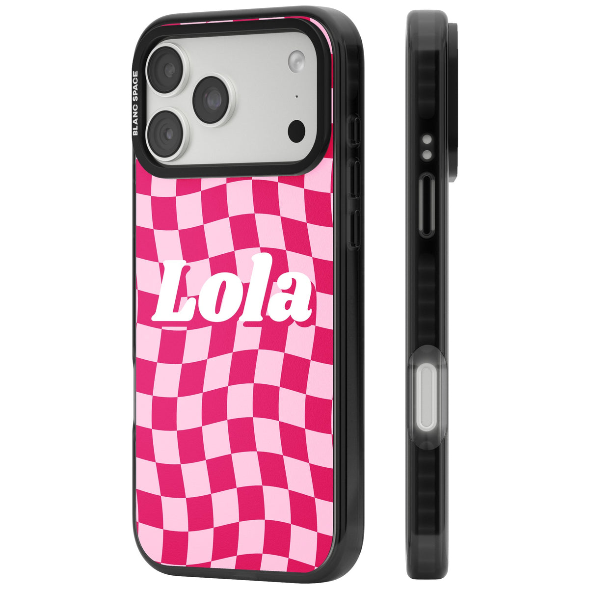 Personalised Wavy Check Name custom iPhone case featuring pink wavy checkerboard and a bold personalised name iPhone 18 Pro Max Impact Pro Black Phone Case side