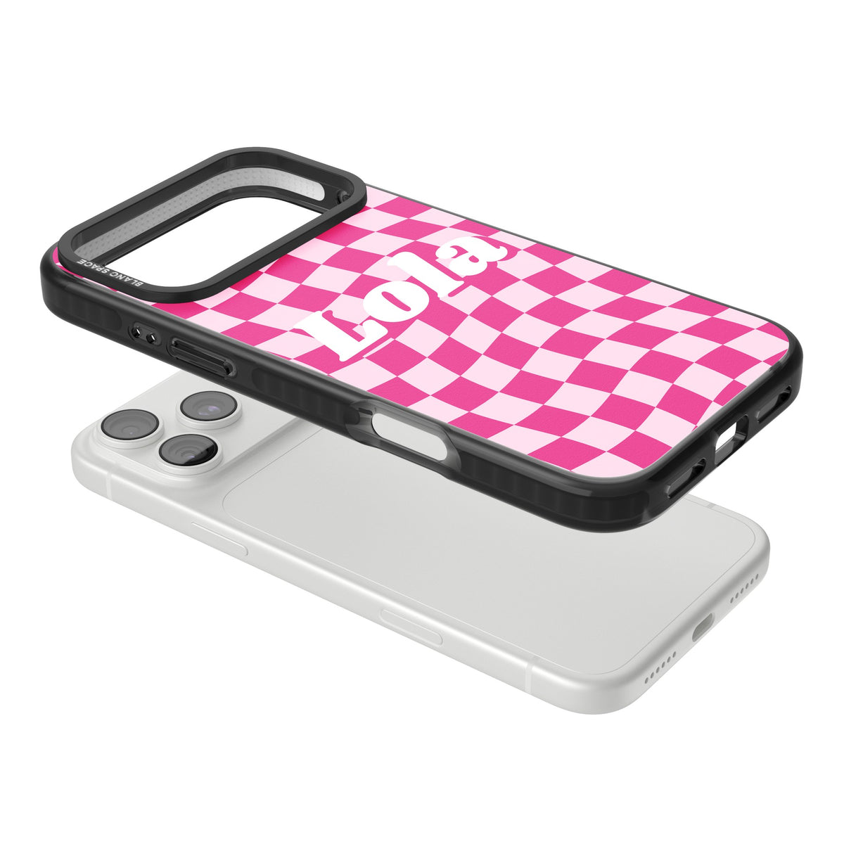 Personalised Wavy Check Name custom iPhone case featuring pink wavy checkerboard and a bold personalised name iPhone 18 Pro Max Impact Pro Black Phone Case angled