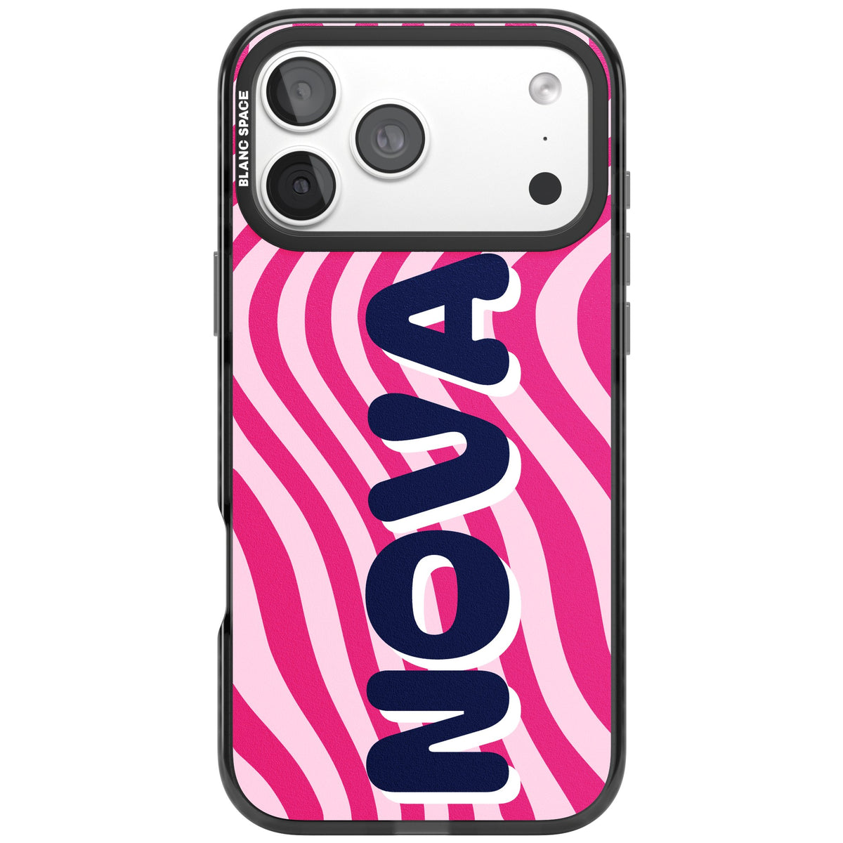 Personalised Swirl Name Y2K iPhone case featuring hot pink wavy stripes and a bold custom name in chunky lettering iPhone 18 Pro Max Impact Pro Black Phone Case front