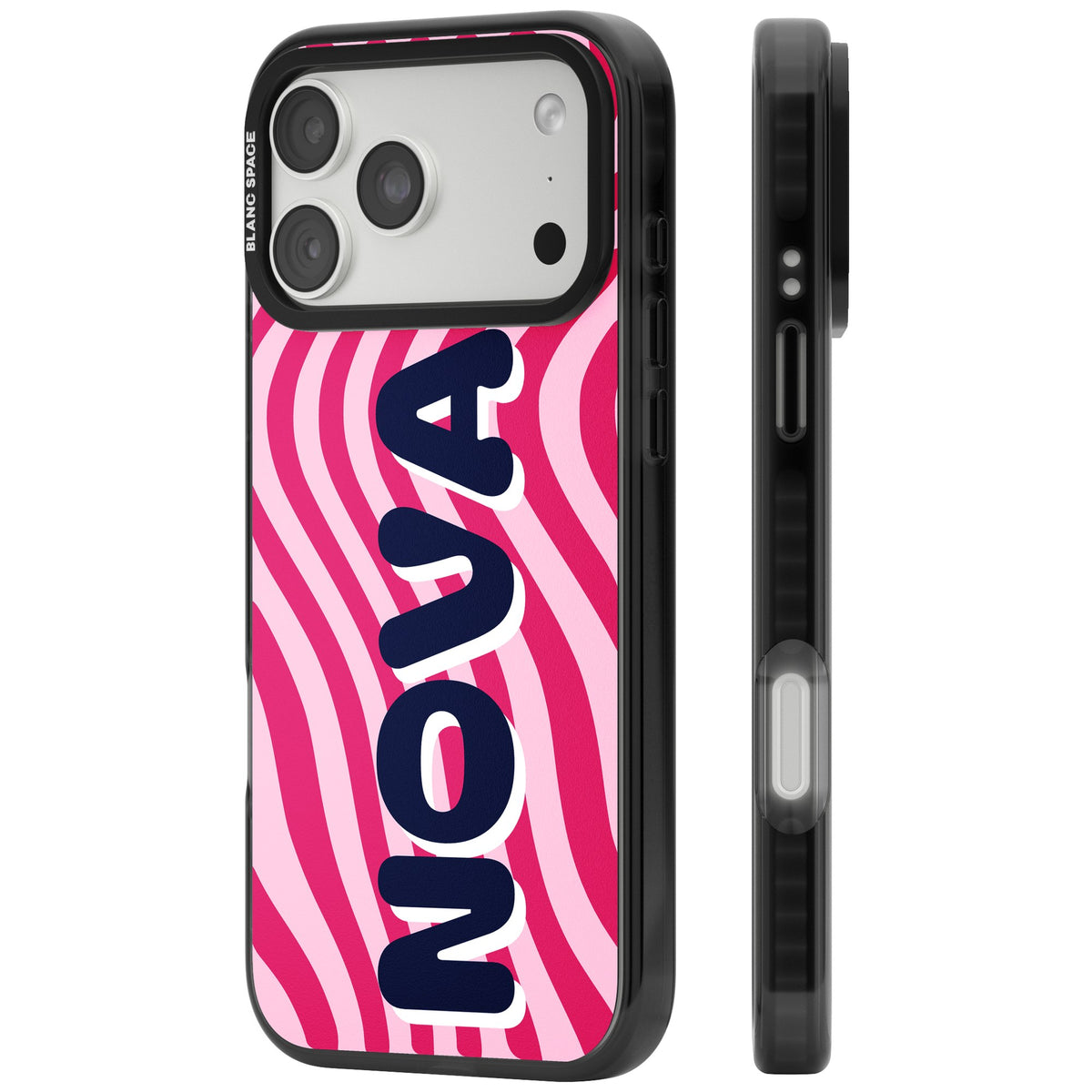 Personalised Swirl Name Y2K iPhone case featuring hot pink wavy stripes and a bold custom name in chunky lettering iPhone 18 Pro Max Impact Pro Black Phone Case side