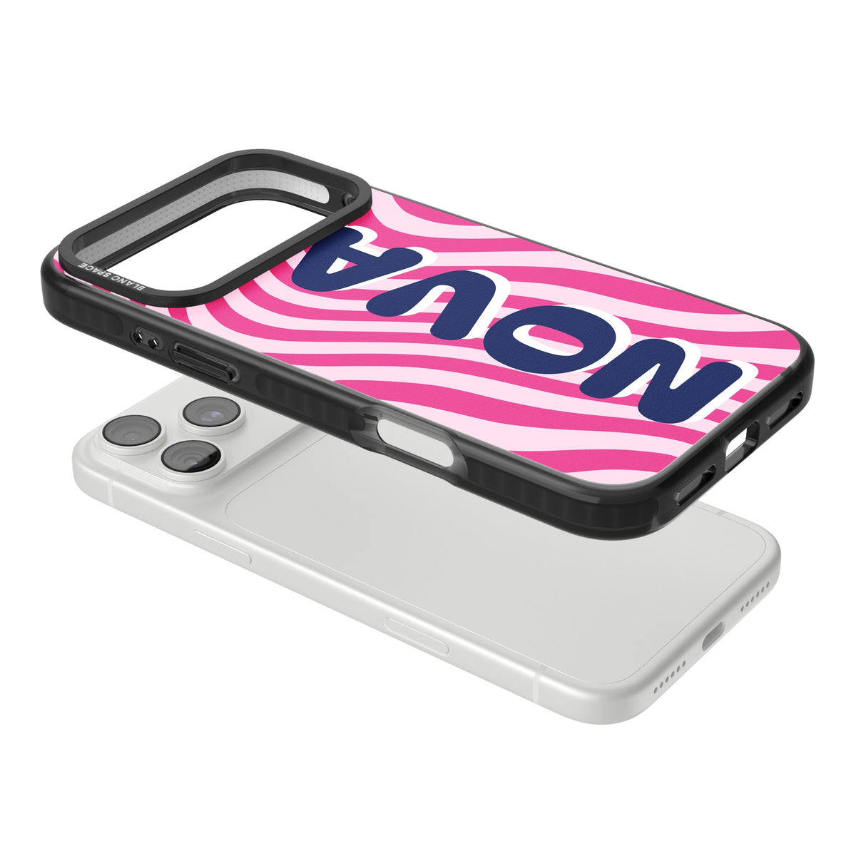Personalised Swirl Name Y2K iPhone case featuring hot pink wavy stripes and a bold custom name in chunky lettering iPhone 18 Pro Max Impact Pro Black Phone Case angled
