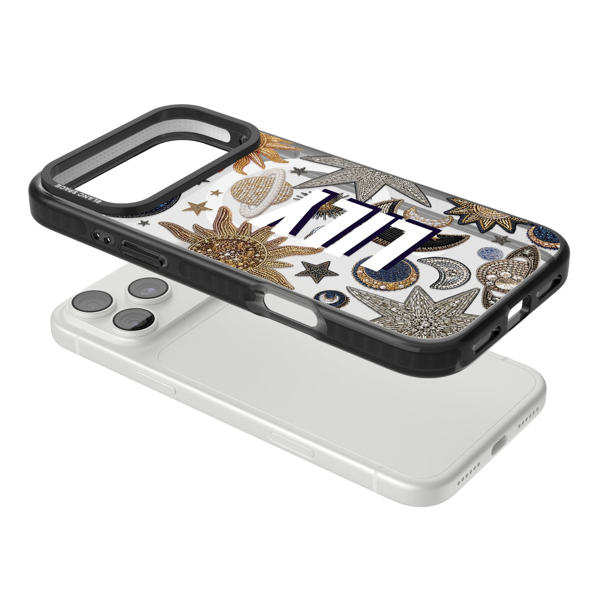 Personalised Beaded Name celestial iPhone case featuring beaded gold suns, pearl Saturn planets and embroidered moons iPhone 18 Pro Max Impact Pro Black Phone Case angled
