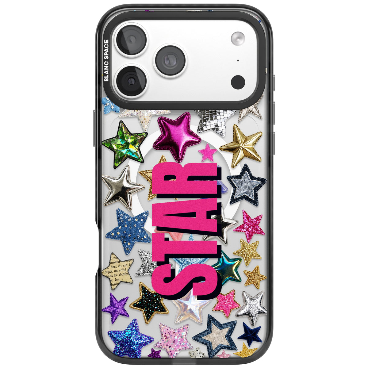 Personalised Star Mix Name Y2K iPhone case featuring glitter star patches, metallic puffy stars and custom name text iPhone 18 Pro Max Impact Pro Black Phone Case front