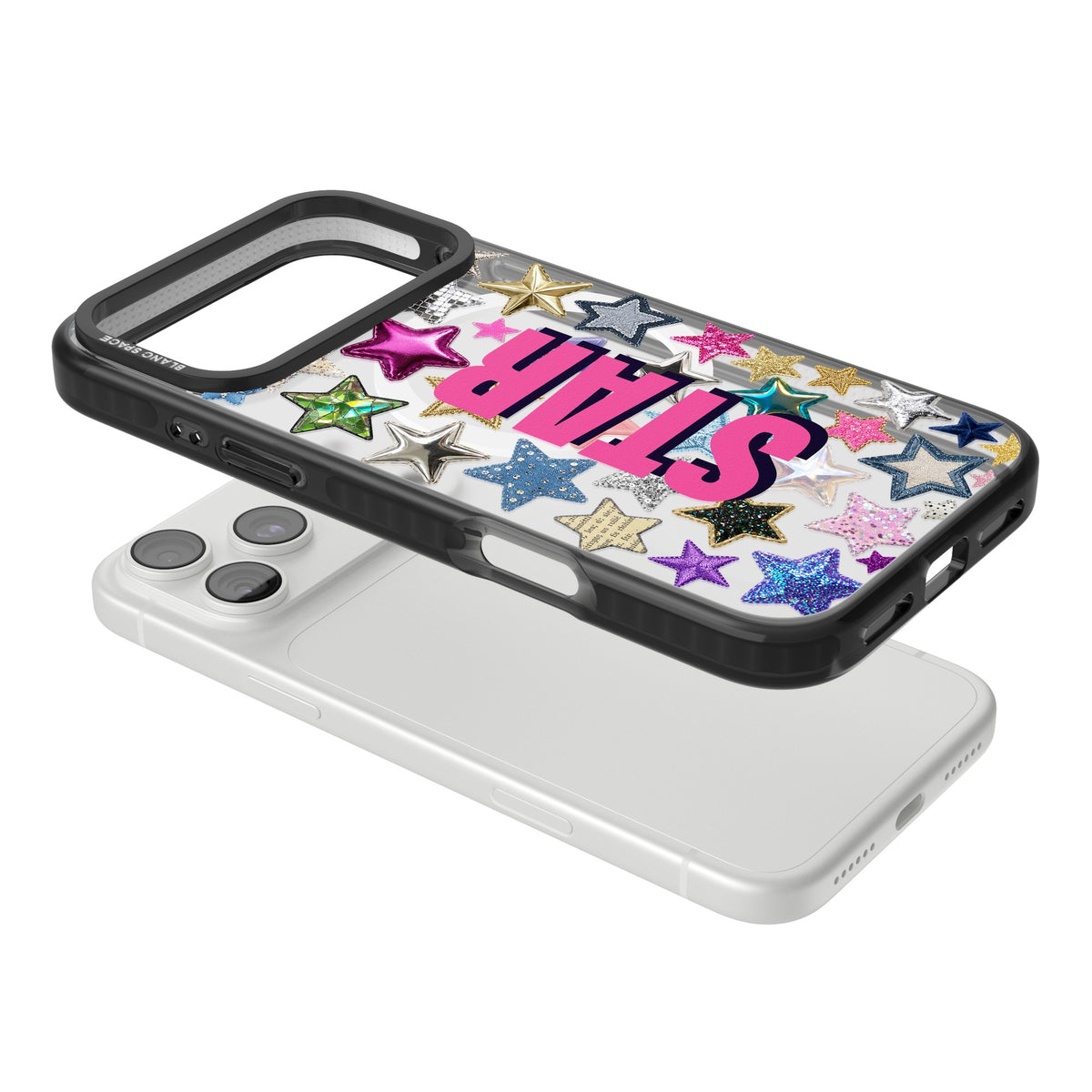 Personalised Star Mix Name Y2K iPhone case featuring glitter star patches, metallic puffy stars and custom name text iPhone 18 Pro Max Impact Pro Black Phone Case angled