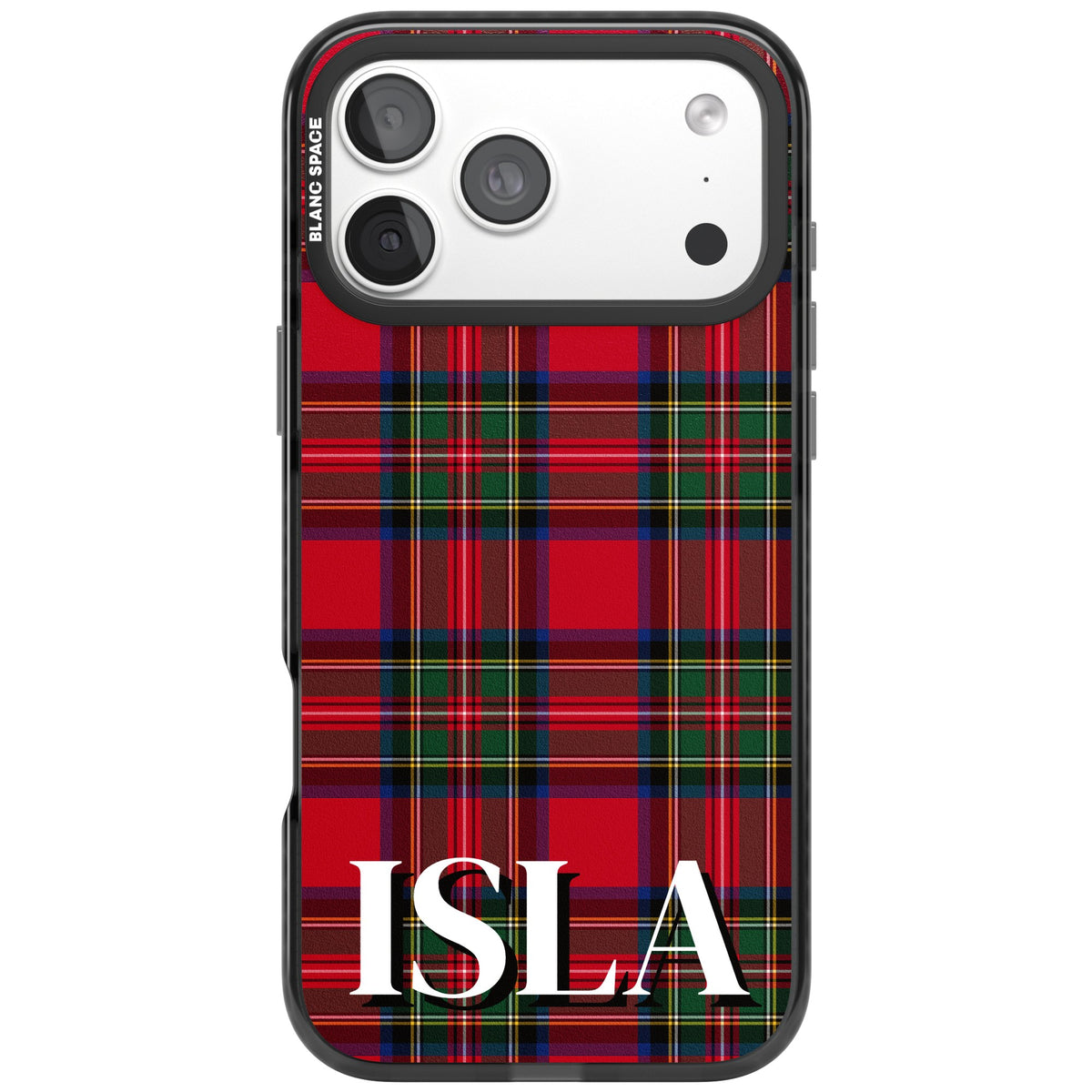 Personalised Tartan Name preppy iPhone case featuring red Royal Stewart plaid and a bold custom name iPhone 18 Pro Max Impact Pro Black Phone Case front