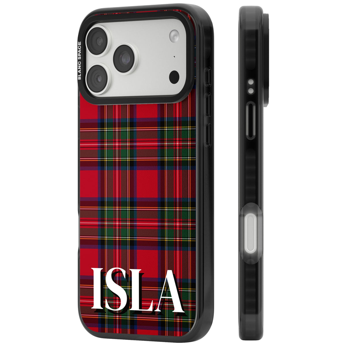 Personalised Tartan Name preppy iPhone case featuring red Royal Stewart plaid and a bold custom name iPhone 18 Pro Max Impact Pro Black Phone Case side