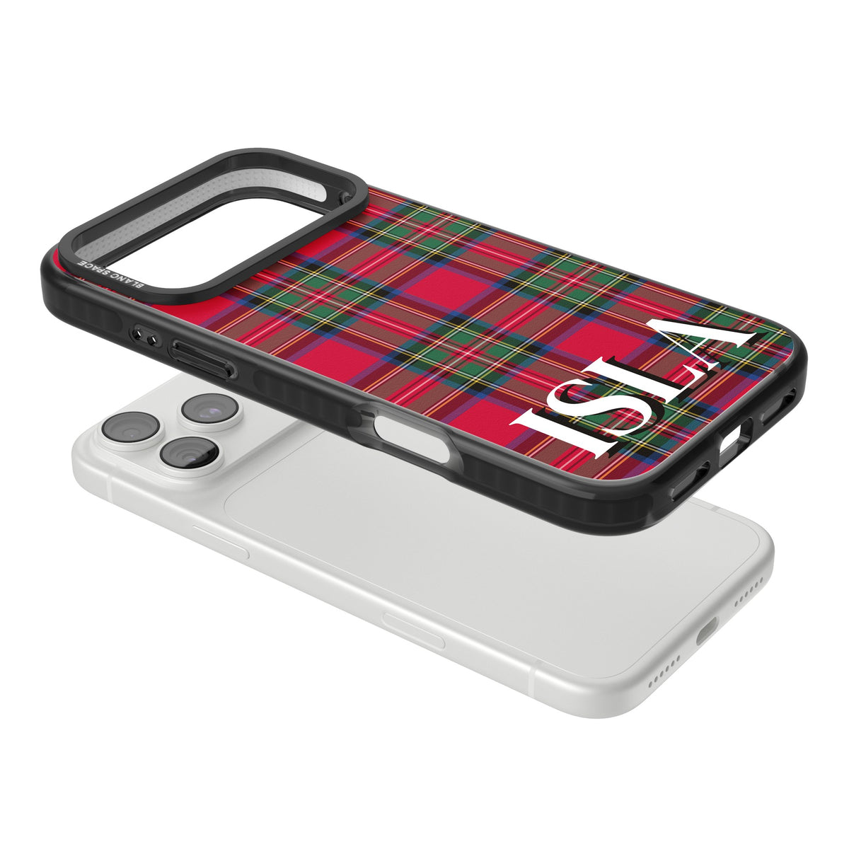 Personalised Tartan Name preppy iPhone case featuring red Royal Stewart plaid and a bold custom name iPhone 18 Pro Max Impact Pro Black Phone Case angled