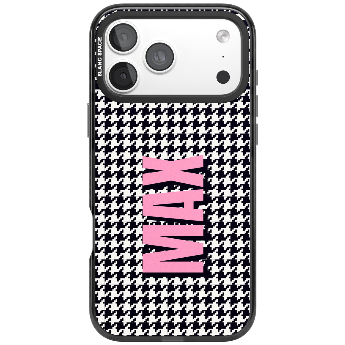 Personalised Houndstooth Name preppy iPhone case featuring black and white houndstooth check and a custom bold name iPhone 18 Pro Max Impact Pro Black Phone Case front