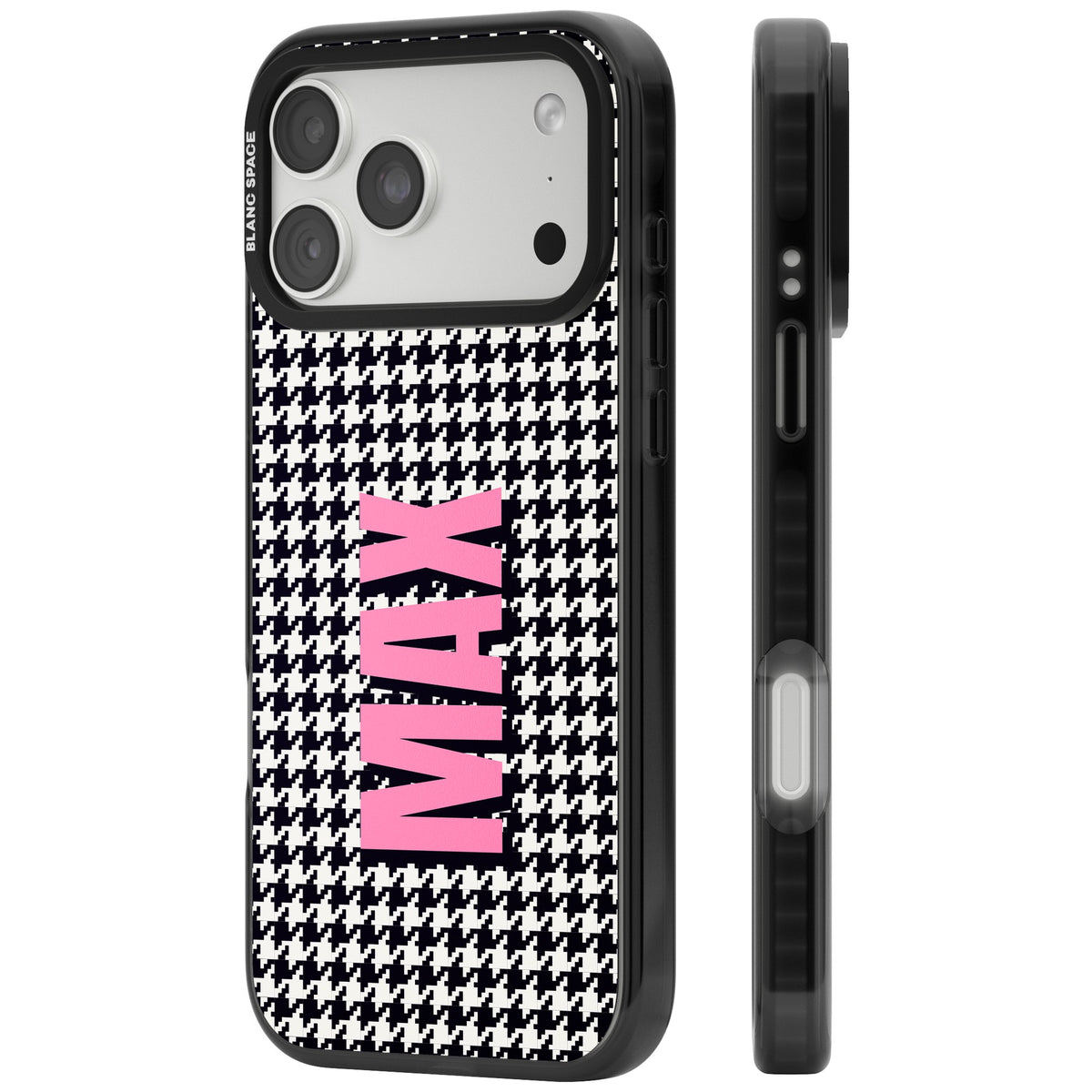 Personalised Houndstooth Name preppy iPhone case featuring black and white houndstooth check and a custom bold name iPhone 18 Pro Max Impact Pro Black Phone Case side