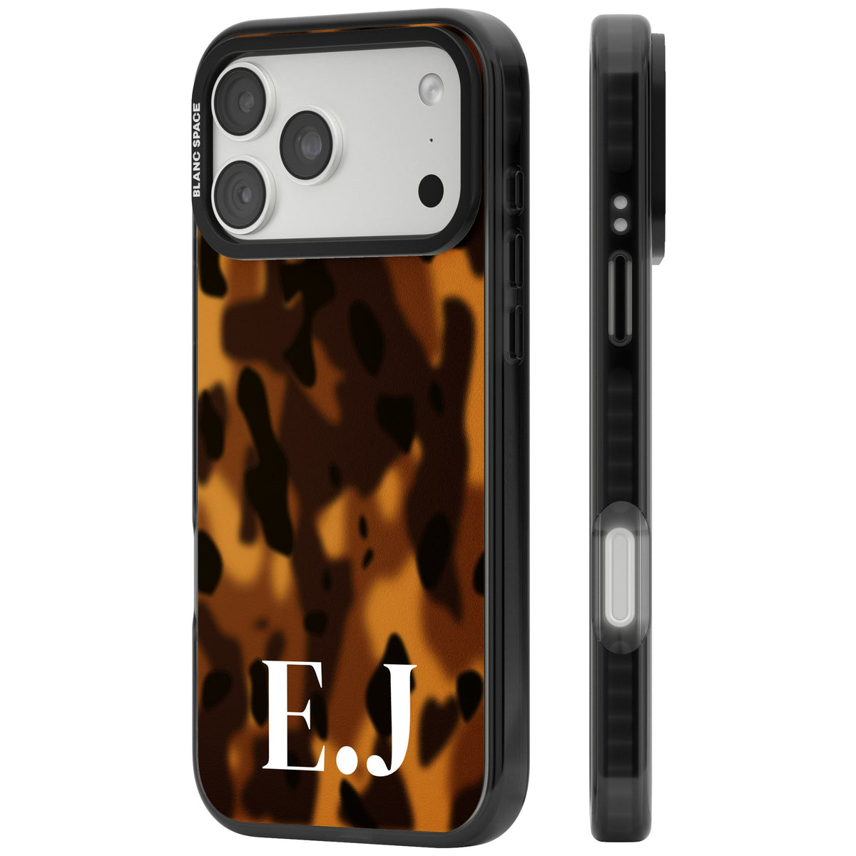 Personalised Tortoiseshell Initials old money iPhone case featuring amber tortoise shell print and a custom monogram iPhone 18 Pro Max Impact Pro Black Phone Case side