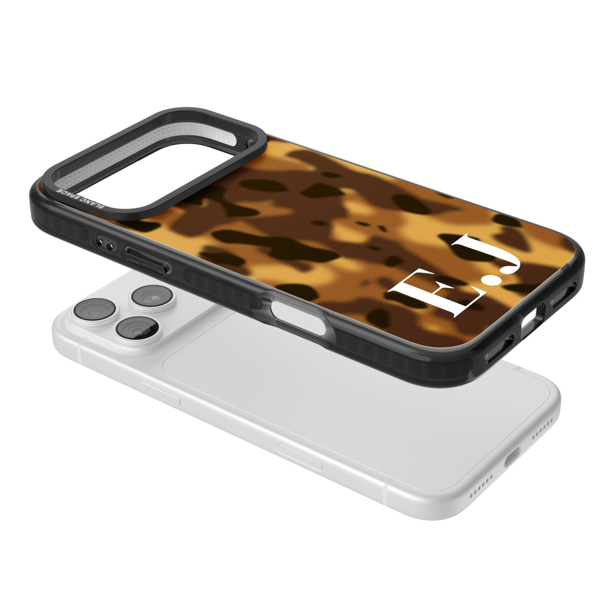 Personalised Tortoiseshell Initials old money iPhone case featuring amber tortoise shell print and a custom monogram iPhone 18 Pro Max Impact Pro Black Phone Case angled