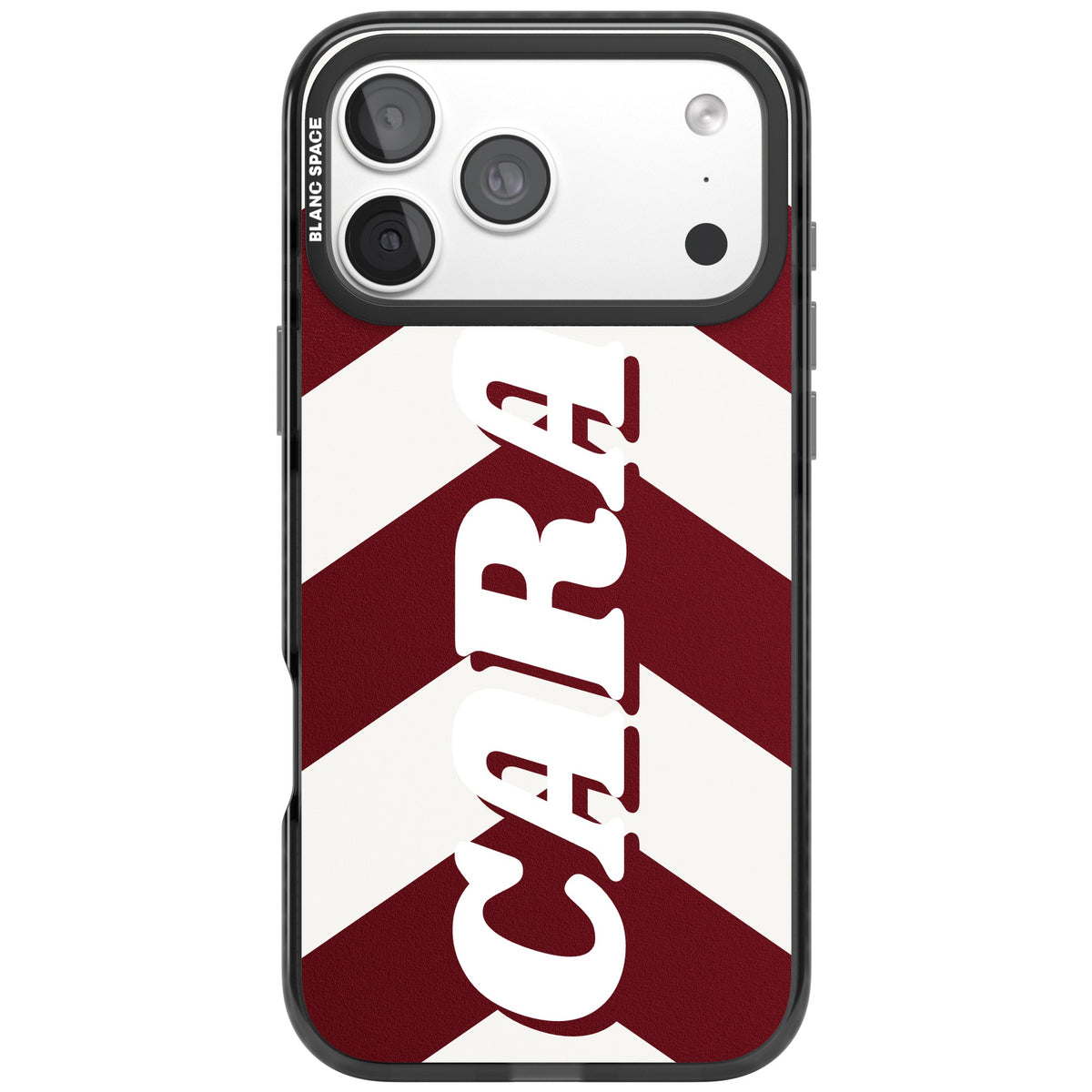 Personalised Burgundy Chevron Name preppy iPhone case featuring cream chevron stripes and a bold custom name iPhone 18 Pro Max Impact Pro Black Phone Case front