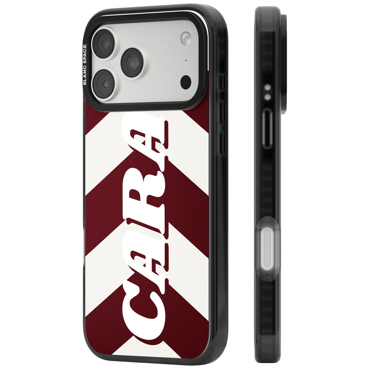 Personalised Burgundy Chevron Name preppy iPhone case featuring cream chevron stripes and a bold custom name iPhone 18 Pro Max Impact Pro Black Phone Case side