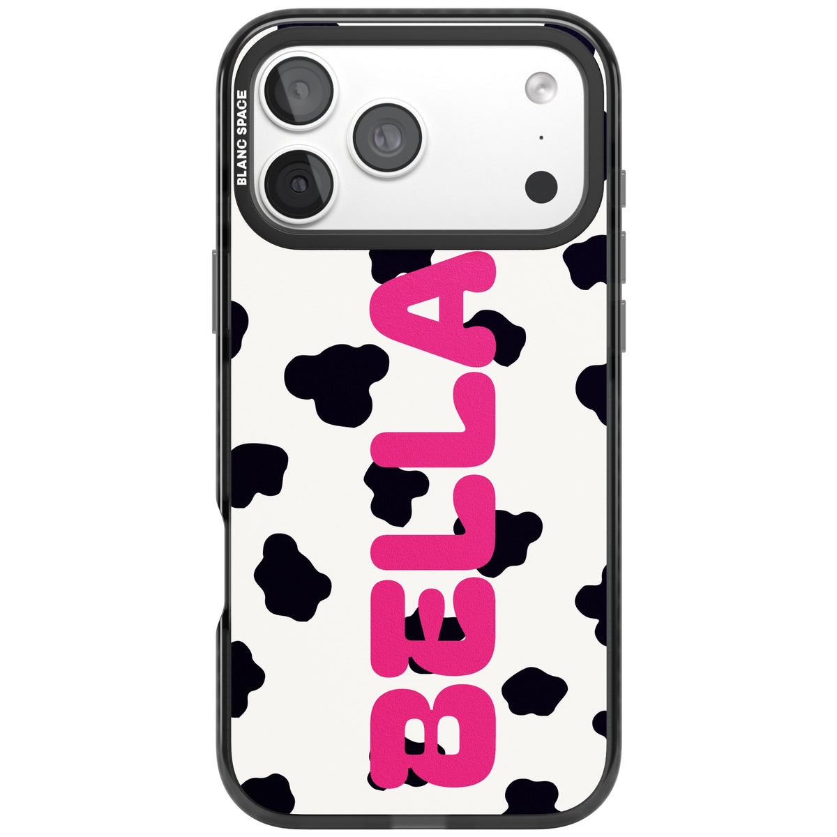 Personalised Cow Print Name custom iPhone case featuring black cow spots, cream background and bold vertical name lettering iPhone 18 Pro Max Impact Pro Black Phone Case front
