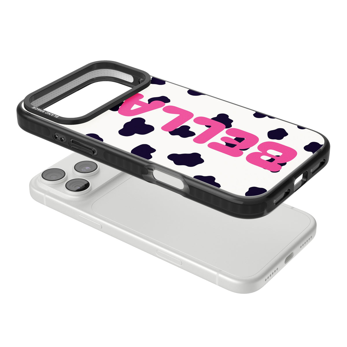 Personalised Cow Print Name custom iPhone case featuring black cow spots, cream background and bold vertical name lettering iPhone 18 Pro Max Impact Pro Black Phone Case angled