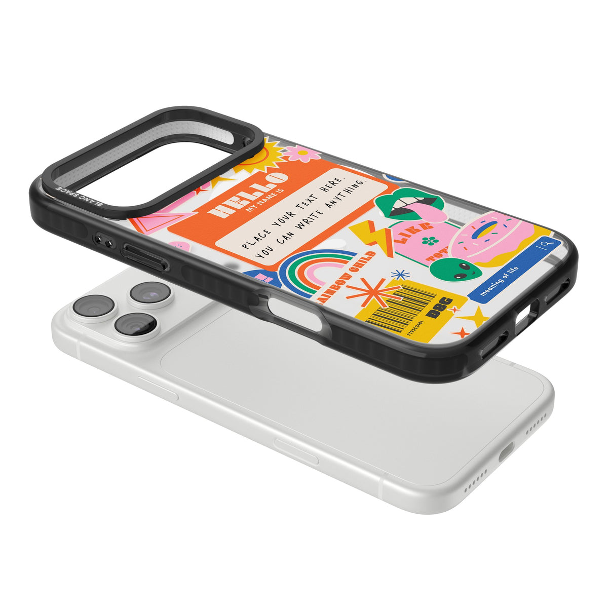 Personalised Retro Nametag Sticker iPhone 18 Pro Max Impact Pro Black Phone Case angled