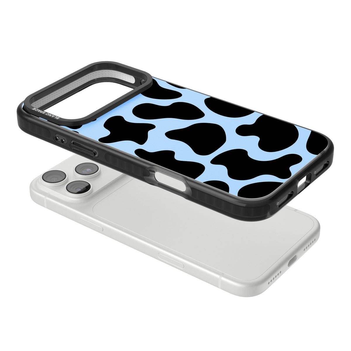Blue And Black Cow Print iPhone 18 Pro Max Impact Pro Black Phone Case angled