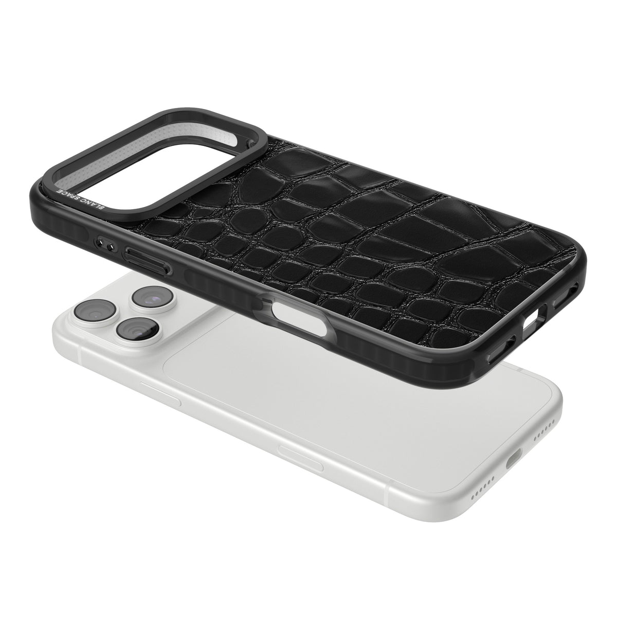 Noir Black Crocodile old money iPhone case featuring glossy black crocodile leather texture and embossed croc scales iPhone 18 Pro Max Impact Pro Black Phone Case angled