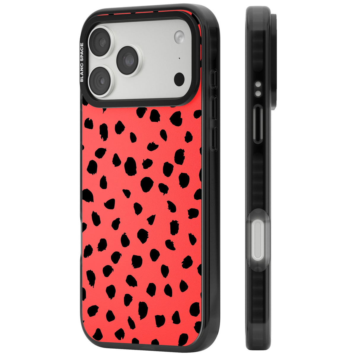 Black Dalmatian Spots On Coral iPhone 18 Pro Max Impact Pro Black Phone Case side