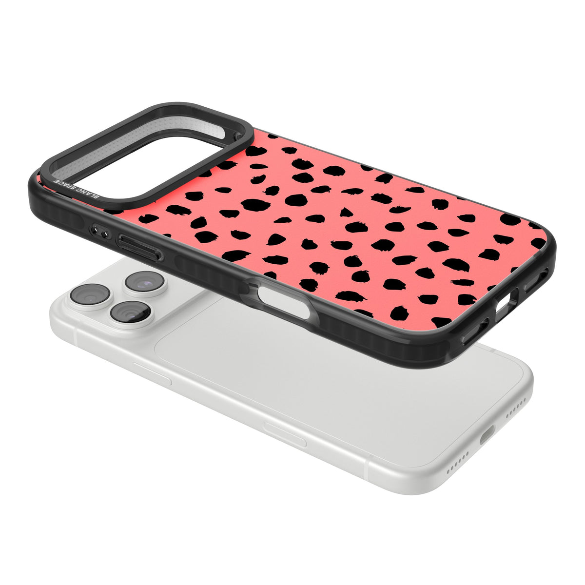 Black Dalmatian Spots On Coral iPhone 18 Pro Max Impact Pro Black Phone Case angled