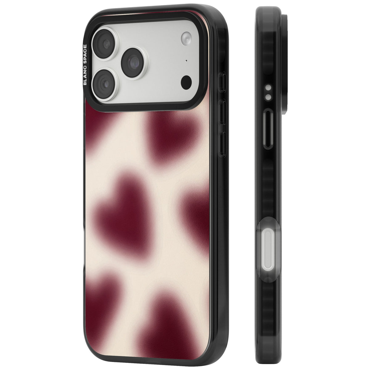 Velvet Hearts coquette iPhone case featuring blurry burgundy aura hearts on a soft cream background iPhone 18 Pro Max Impact Pro Black Phone Case side