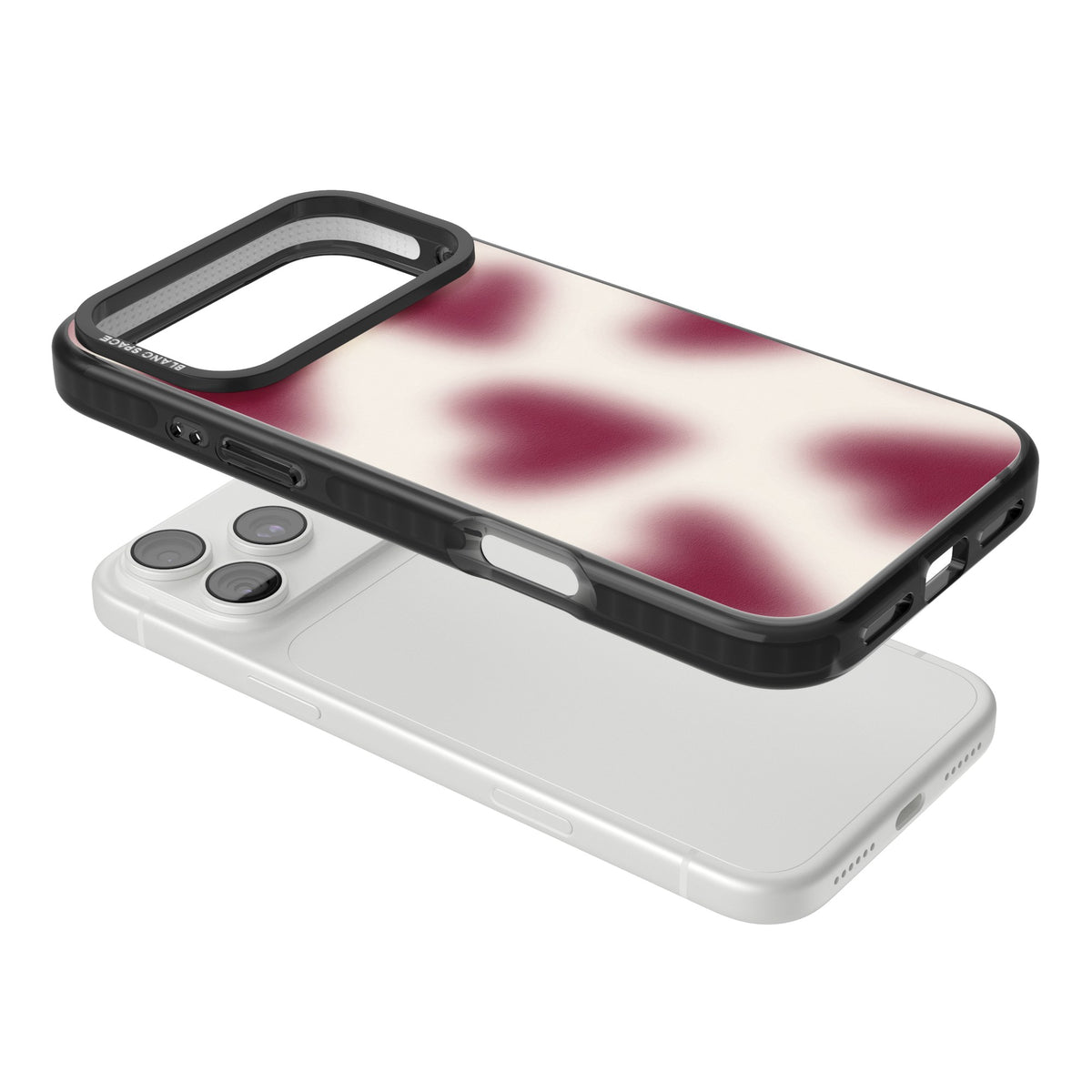 Velvet Hearts coquette iPhone case featuring blurry burgundy aura hearts on a soft cream background iPhone 18 Pro Max Impact Pro Black Phone Case angled