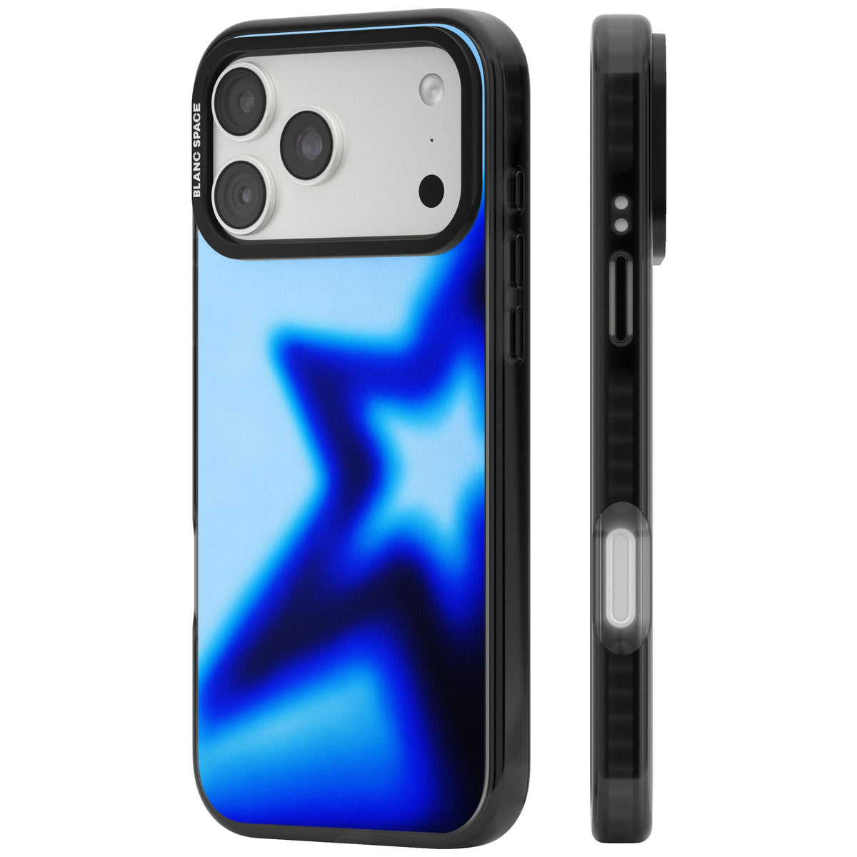 Electric Y2K iPhone case featuring a blurred blue aura star, deep cobalt glow and soft sky-blue gradient iPhone 18 Pro Max Impact Pro Black Phone Case side