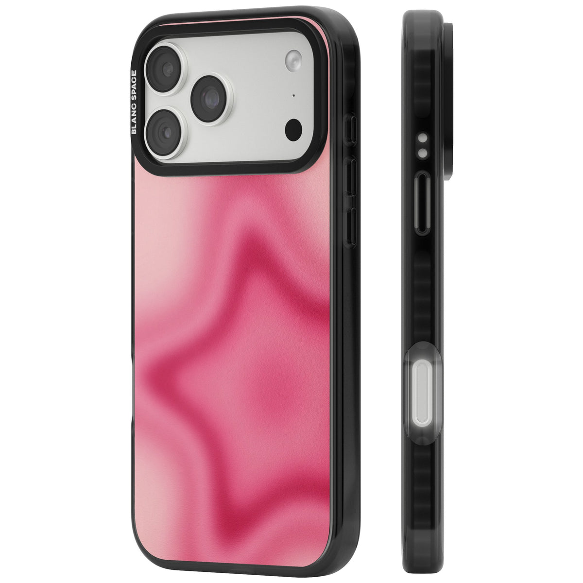 Blush pinkcore iPhone case featuring a blurred fuchsia aura star on a soft pink gradient iPhone 18 Pro Max Impact Pro Black Phone Case side