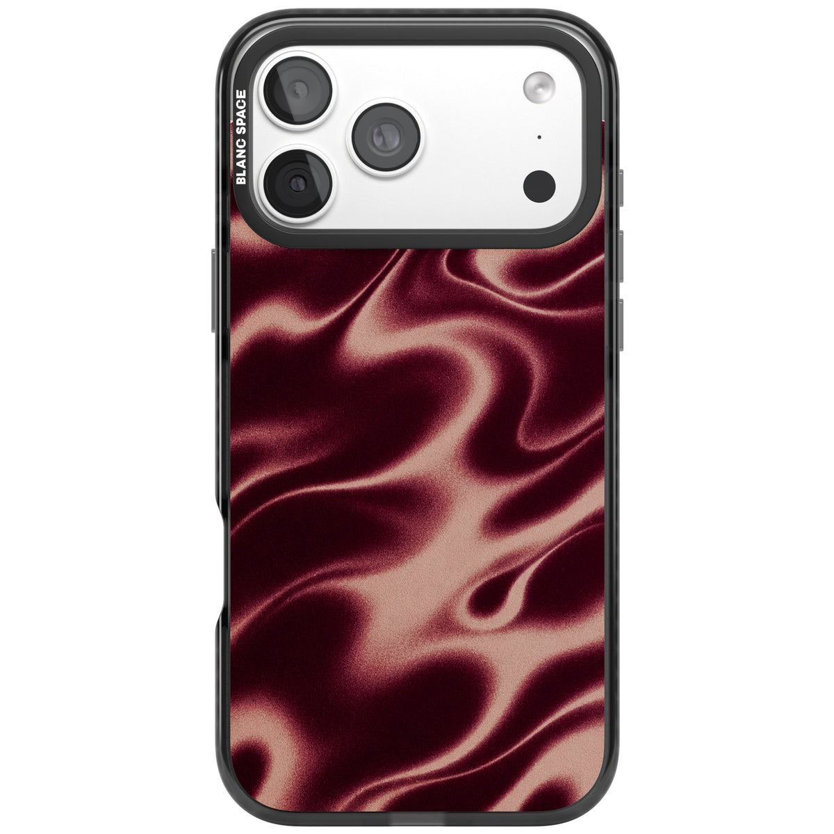 Merlot Sand abstract iPhone case featuring burgundy liquid satin waves, rose-gold highlights and silky folds iPhone 18 Pro Max Impact Pro Black Phone Case front