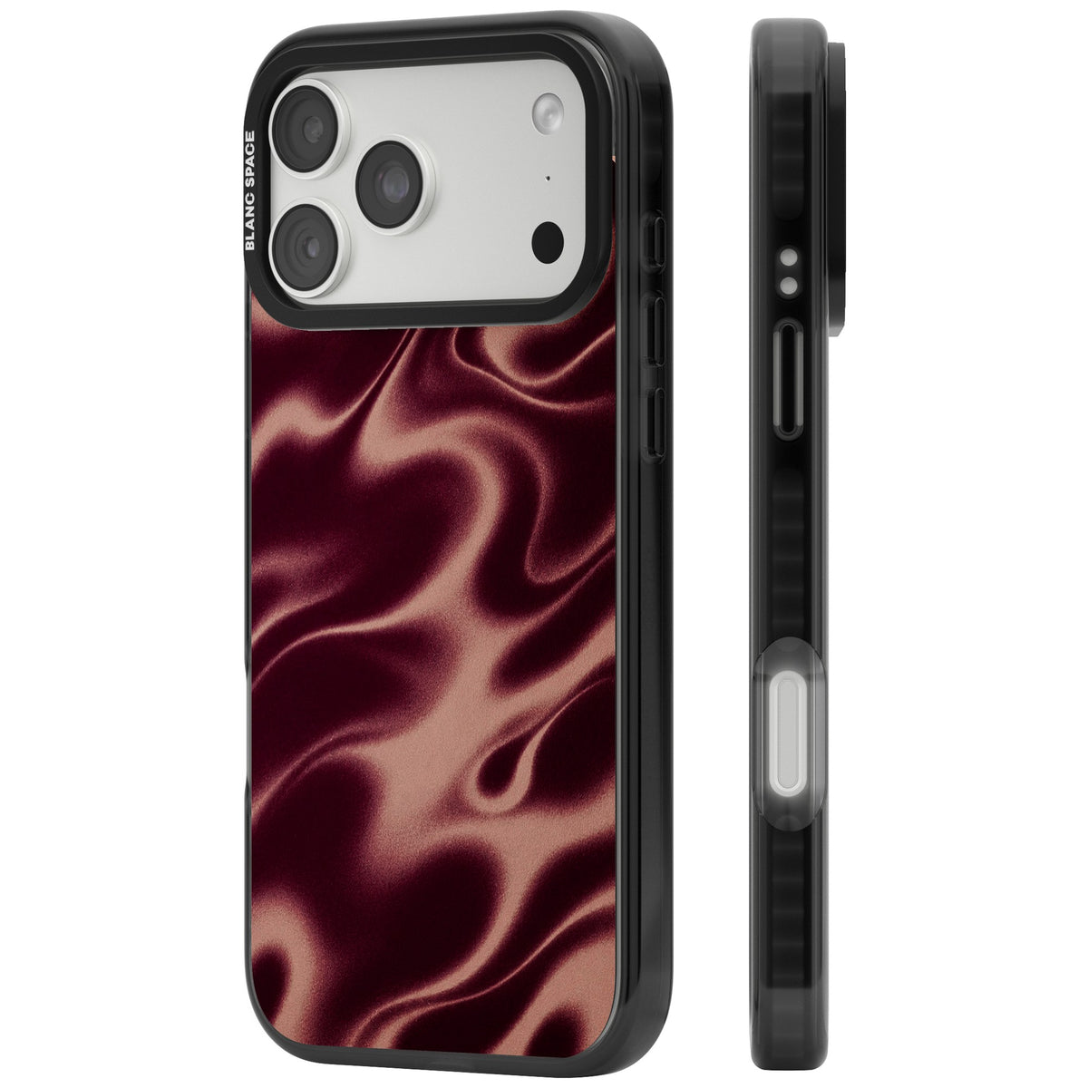 Merlot Sand abstract iPhone case featuring burgundy liquid satin waves, rose-gold highlights and silky folds iPhone 18 Pro Max Impact Pro Black Phone Case side