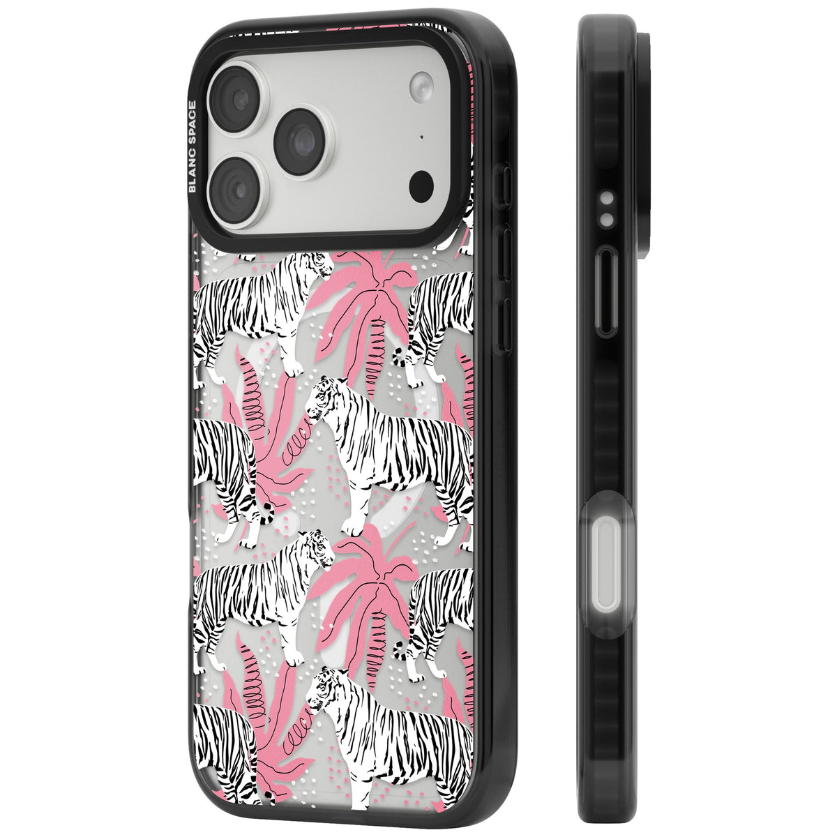 Pink & White Tropical Tigers iPhone 18 Pro Max Impact Pro Black Phone Case side
